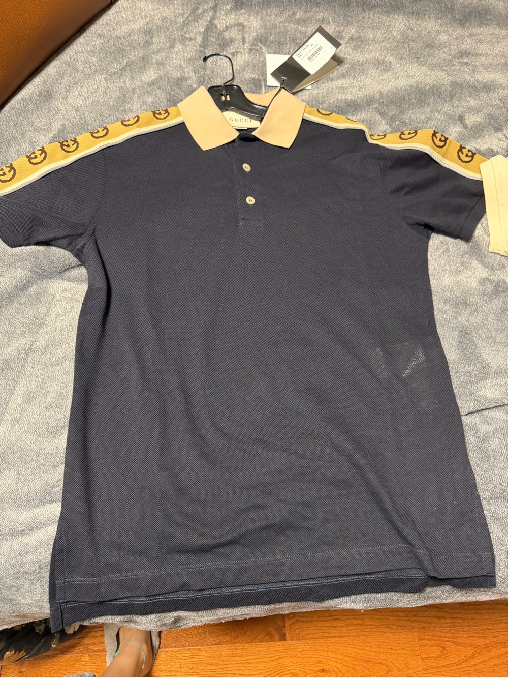 Gucci Navy Polo with Beige Collar and Shoulder Logo Tape